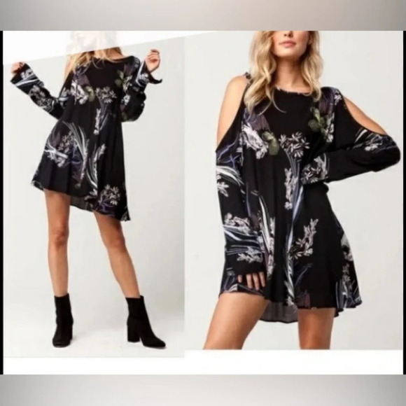 FREE PEOPLE Sz XS CLEAR SKIES ASYMMETRIC HEM COLD SHOULDER TUNIC BLACK 1228 - Picture 4 of 12